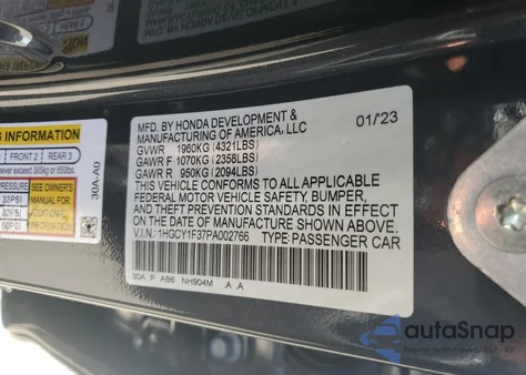 2023 Honda Accord Ex z USA, uszkodzony, nr VIN 1HGCY1F37PA002766